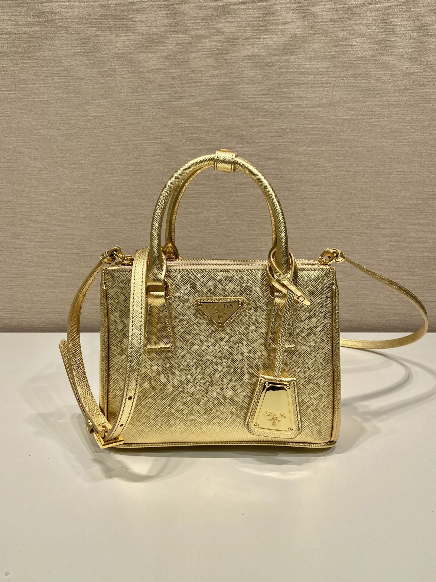 Prada Mini Galleria Saffiano Leather Bag Tote Shoulder Bag Gold 1BA906